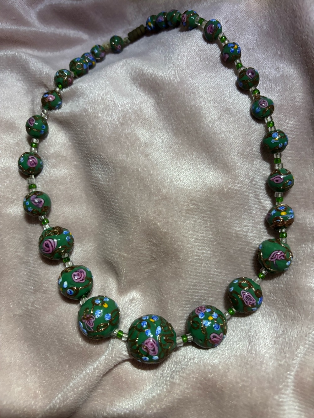 Gilt Filigree Hand-Painted Green Floral Enamel Bead Necklace /Glass Cabochons